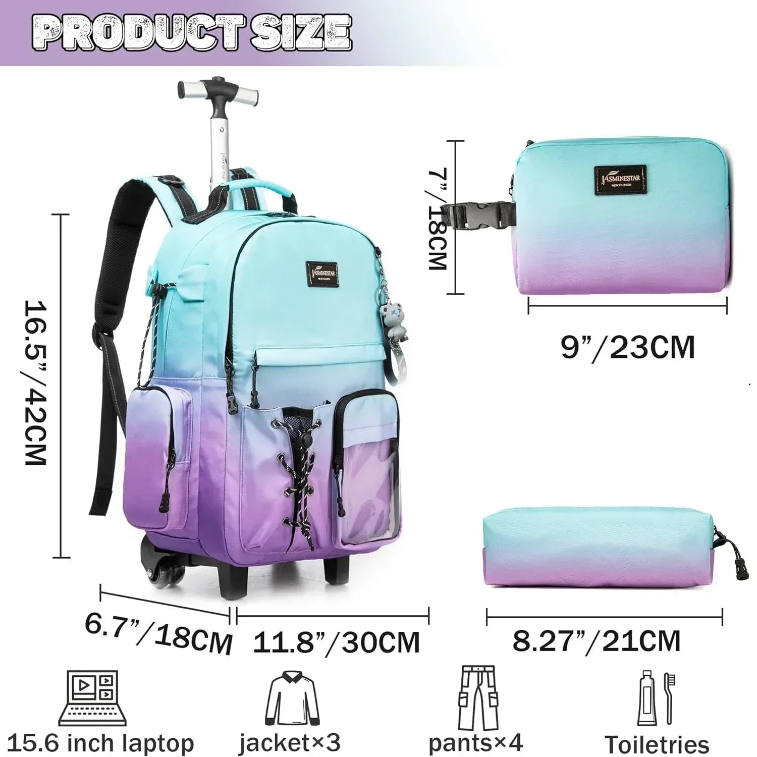 Schulrucksack-Set für Mädchen und Kinder, Taschen mit Rollen für Teenager, Reise-Rolltasche, Schultrolley-Rucksack, Handgepäck mit Rollen