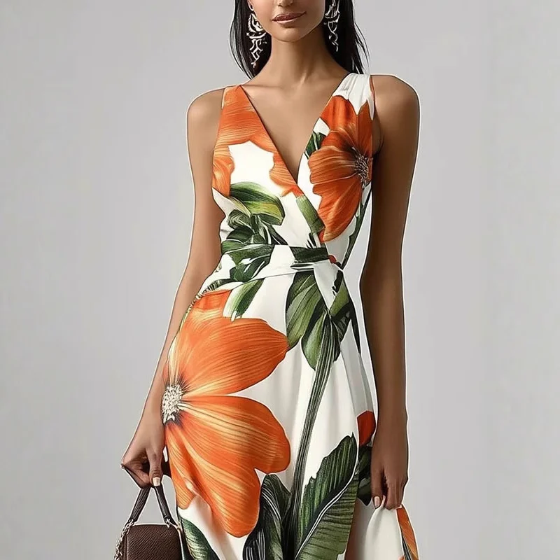 보헤미안 여성 롱 드레스 섹시 V넥 플로럴 프린트 하이웨이스트 파티 맥시 드레스 여름 민소매 휴가 비치 드레스 베스티도스