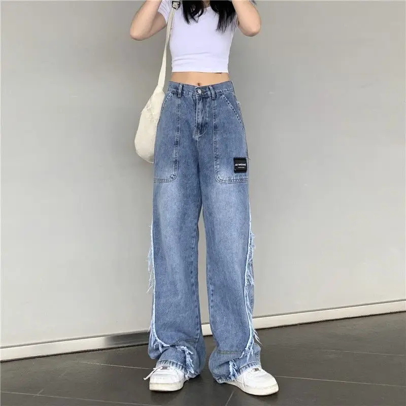 Blast Street Raw Edge Jeans Women's Spring Summer New High Waist Straight Pants Fashion Loose Wide-Leg Pants Female Jeans