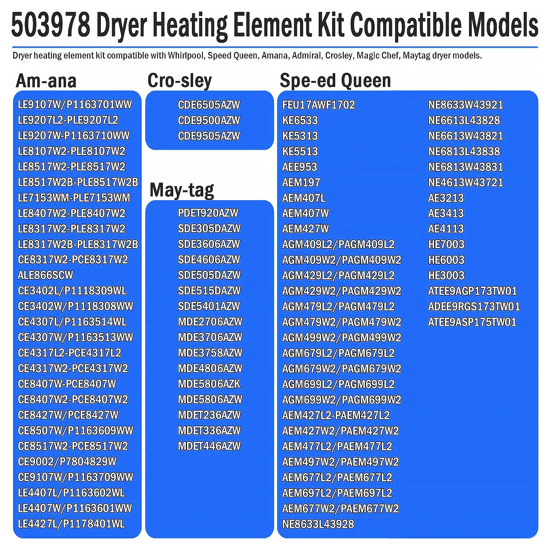 503978 Dryer Heating Element Kit Replaces 61927, 503404, 510329, 510325P, Y503978, 61928 Fit for Whirlpool, Speed Queen, Amana
