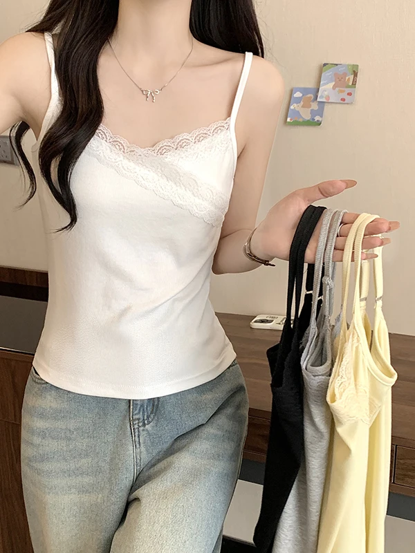 

Summer New plus Size Women's Lace Trim Camisole Slimming Top Casual Style Polyester Fiber No Sleeve Regular Length