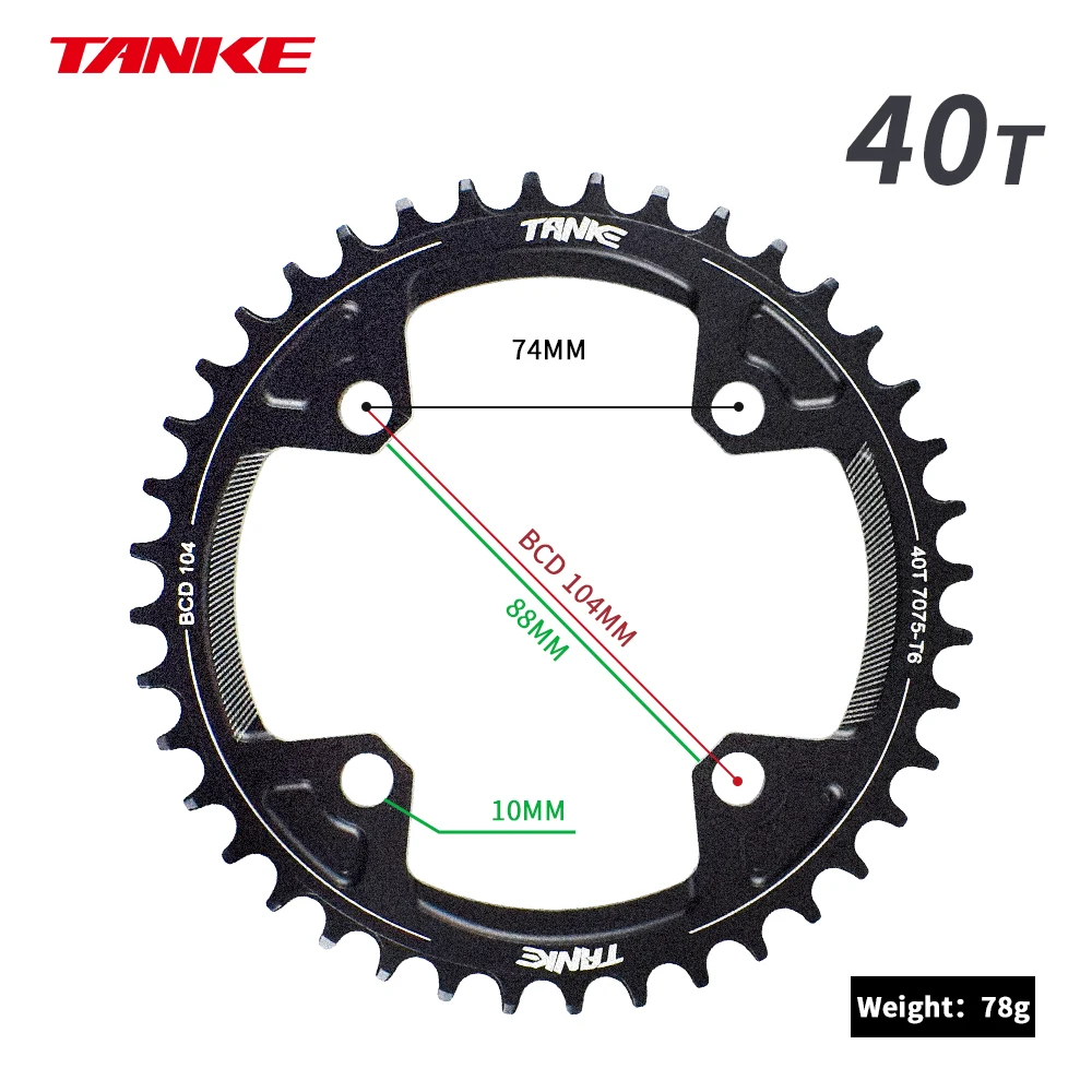 TANKE 104 BCD MTB Monoplate Kettenblatt Rund Narrow Wide 32T 34T 36T 38T 40 Zähne Einzelblatt Komplett-Kettenblatt für E-Bike