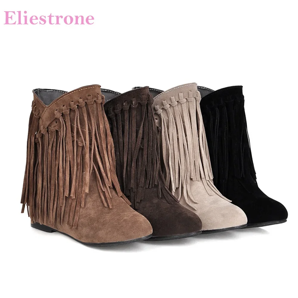 

Winter New Comfortable Brown Beige Women Ankle Fringe Boots Med Wedge Heels Lady Shoes Plus Big Small Size 10 33 45 48