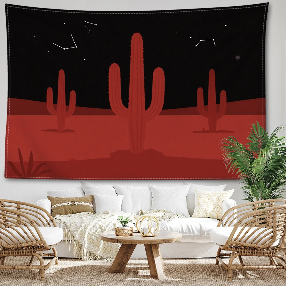 Black Red Desert Cactus Constellation Wall Tapestry, Gothic Boho Decor