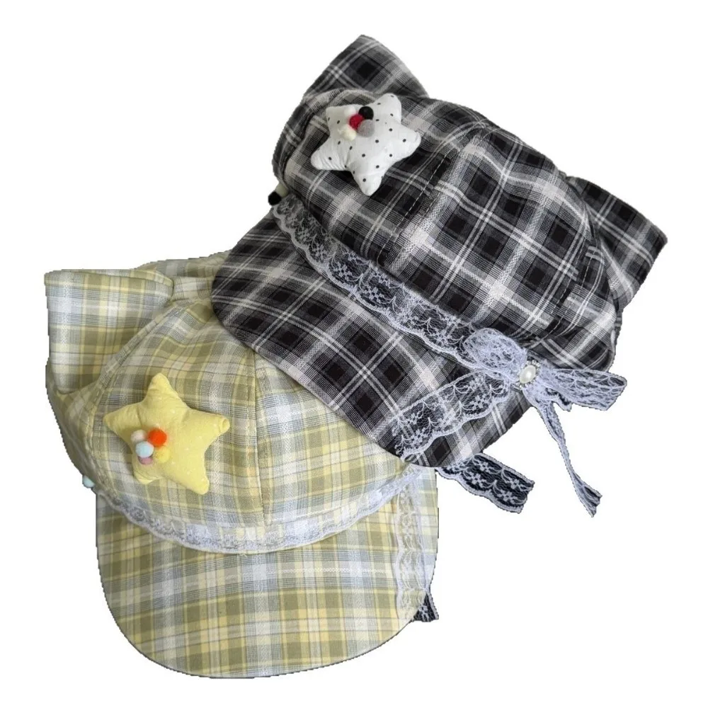 Fashion Stars Lace Decor Plaid Octagonal Cap Sun Protection Y2K Berets Face Slimming Newsboy Hat Women's Fashion