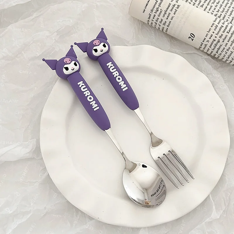 

Kuromi Spoon Fork My Melody Cartoon Cute Silicone Anti Drop Tableware Set Home Use Eating Noodles Soup Tableware Baby Children