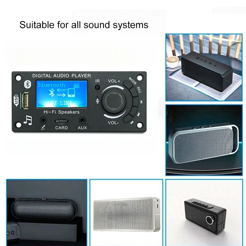 DC 12V Bluetooth 5.0 LCD MP3 WMA WAV Decoder Board Handsfree Car Audio Microphone Recording USB TF FM Mp3 Music Player Speaker