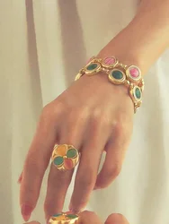 Brass Statement Colorful Stone Beads Bracelet Women Jewelry Designer T Show Runway Gown Rare INS Japan Korean Trendy