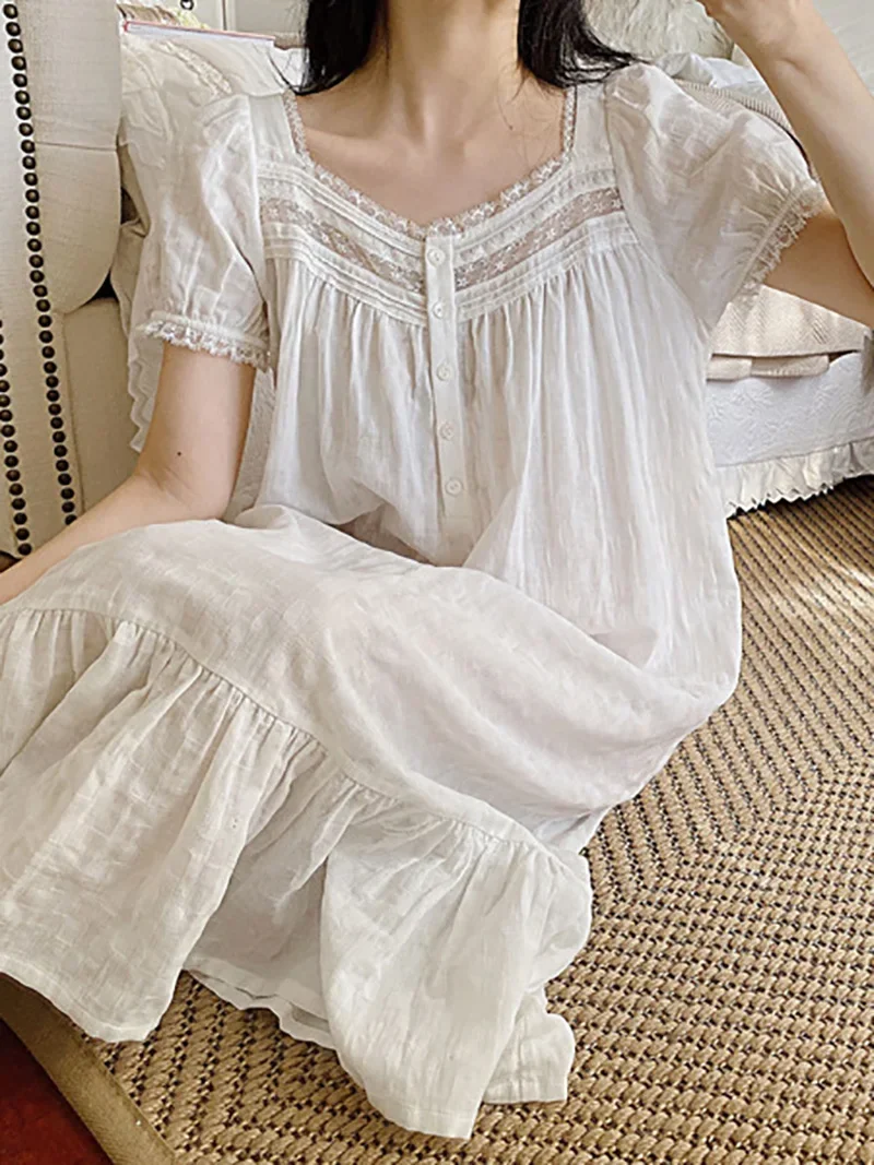 Women Pure Cotton Ruffles Vintage Nightgown Robe Lace Fairy Short Sleeve Victorian Princess Sleepwear Sweet Night Dress Homewear