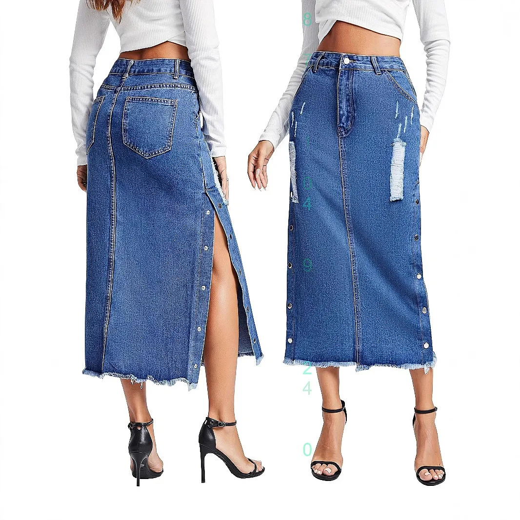 Sexy Denim Skirt for Women High Slit Irregular Ripped Denim Skirts Spring Summer Bodycon Mini Skirts