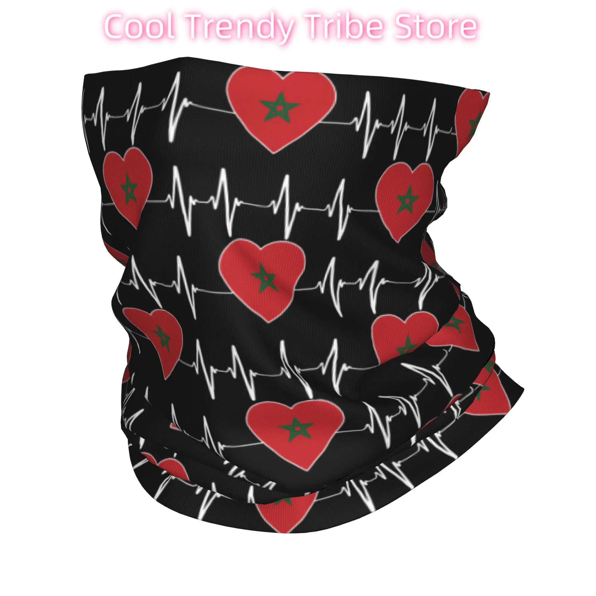Heartbeat Morocco Country Flag Bandana Neck Gaiter for Hiking Cycling Men Women Wrap Scarf Moroccan Heart Family Headband Warmer