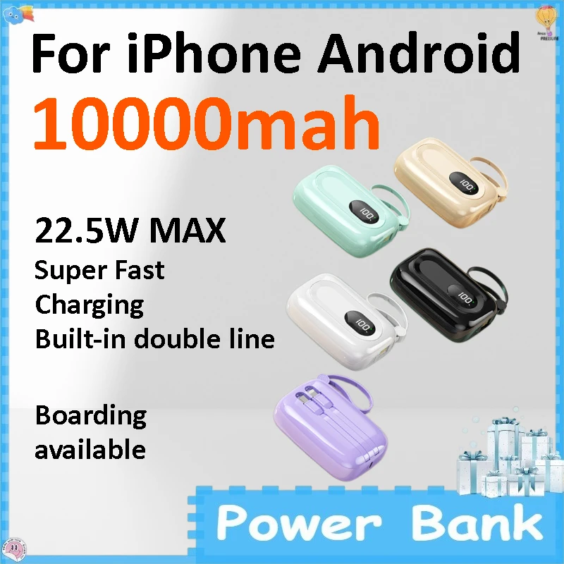 

10000mAh Mini Powerbank 22.5W Quick Charge Built-in Cord External Phone Battery Charger