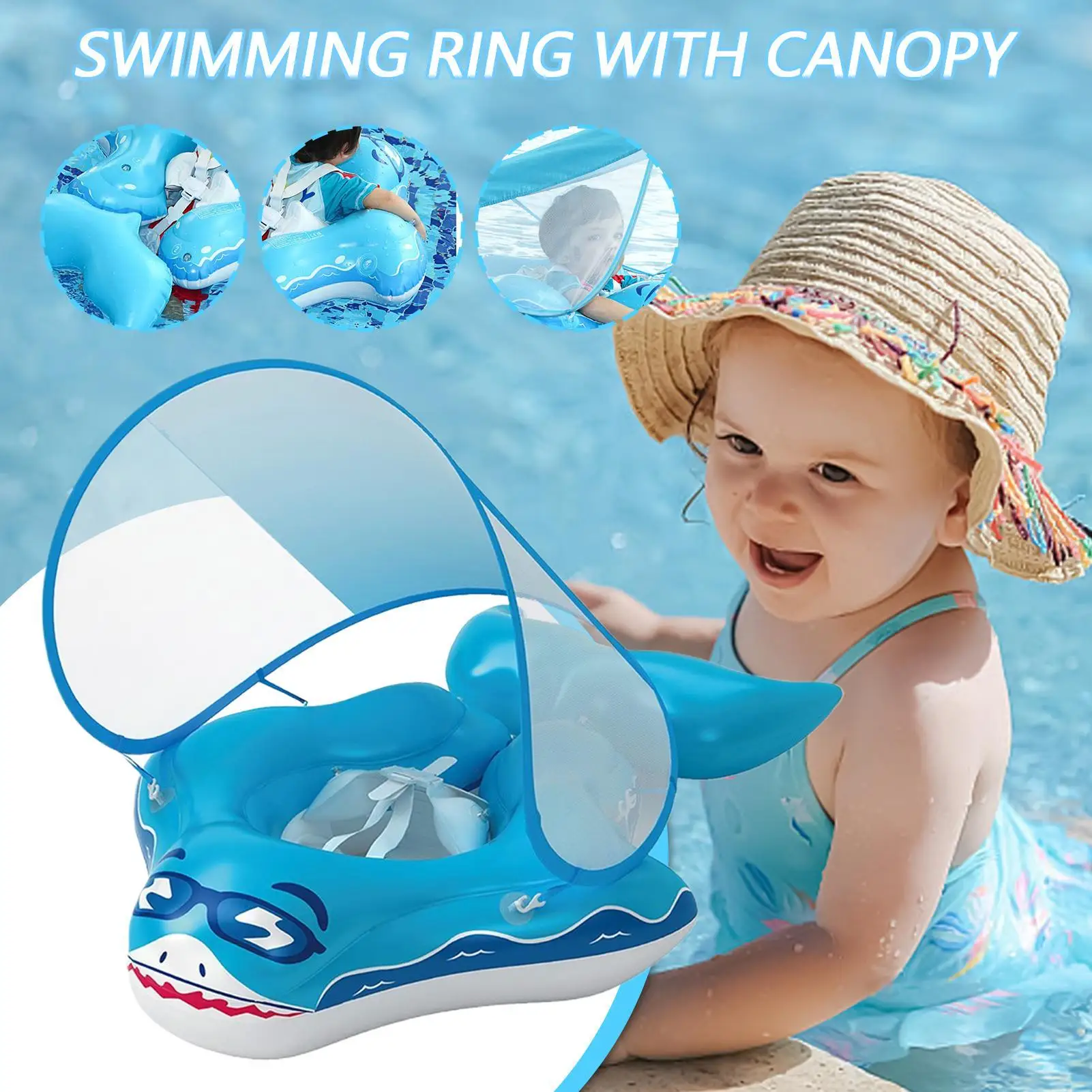 Flotador de piscina para bebé, flotador de natación portátil respetuoso con la piel, anillo plegable divertido con forma de tiburón con sombra para nadar al aire libre en el patio trasero