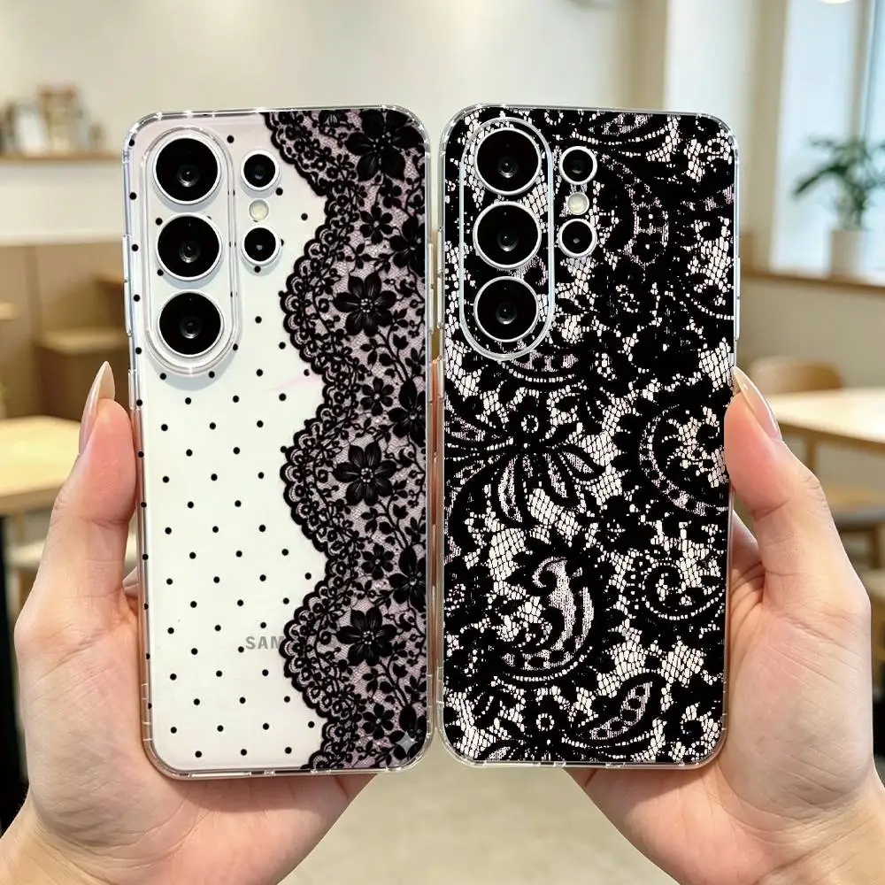 Black lace pattern For Girls Phone Case Transparent Silicone Soft For Samsung S25,S24,S21,S22,S23,S30,Ultra,S20,Plus,Fe Gift