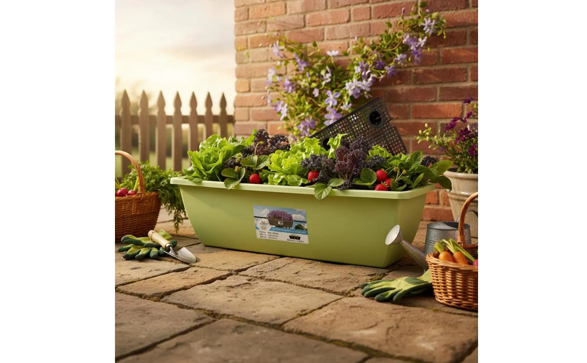 Long Plastic Vegetable Planter Weather Resistant Automatic-Watering Flower Pot Rectangular Planter Integrated Drainage Tray
