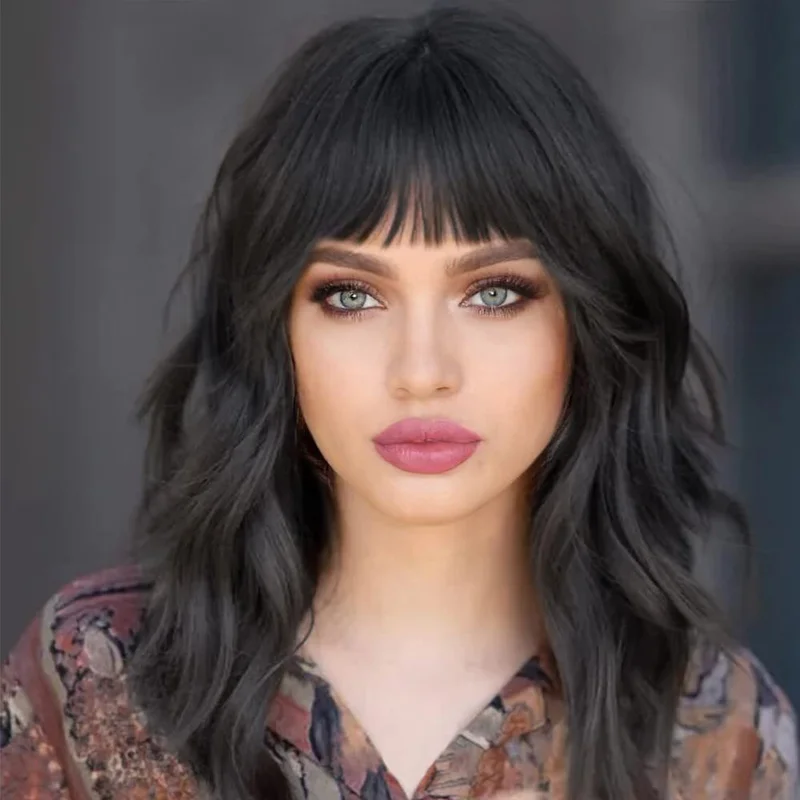 Black Wavy Wigs with Bangs Women’s Short Black Bob Wig Synthetic Natural Wigs