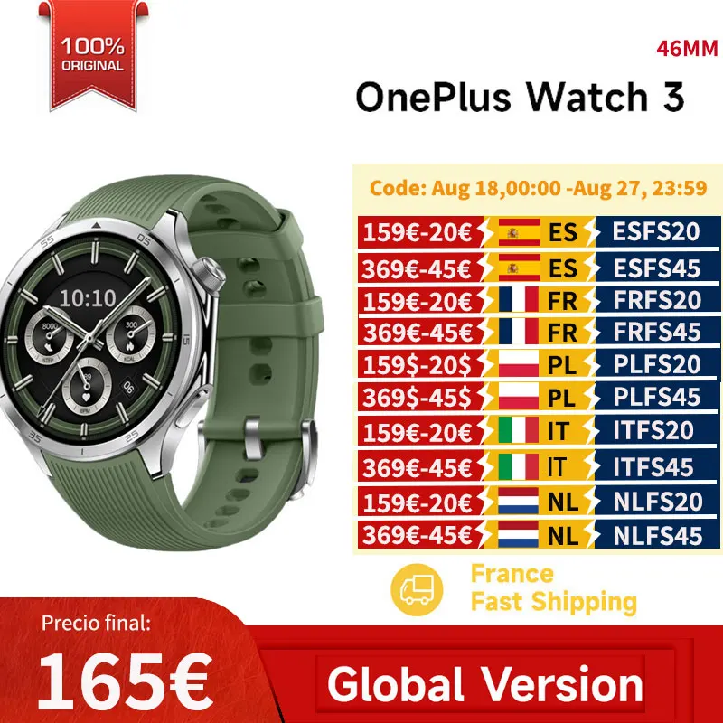 الإصدار العالمي من ساعة OnePlus Watch 3 الذكية، شاشة AMOLED مقاس 1.5 بوصة، ذاكرة 32 جيجابايت، Snapdragon W5 Wear OS من Google IP68