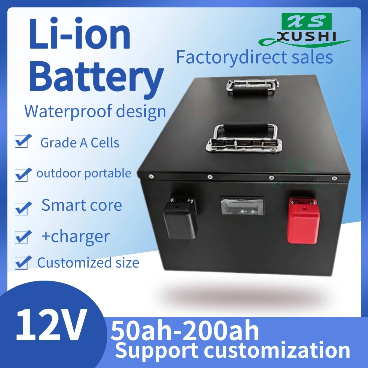 

XS Waterproof lithium ion battery 80Ah 12v 200AH 100Ah 120ah 150ah 60ah with BMS for boat Inverter propeller fishing + charger