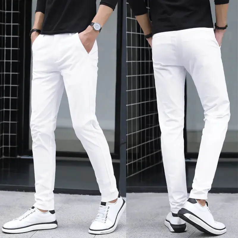 Calça justa masculina até o tornozelo, calça formal de lazer, calça executiva branca pura, verão e outono, L79