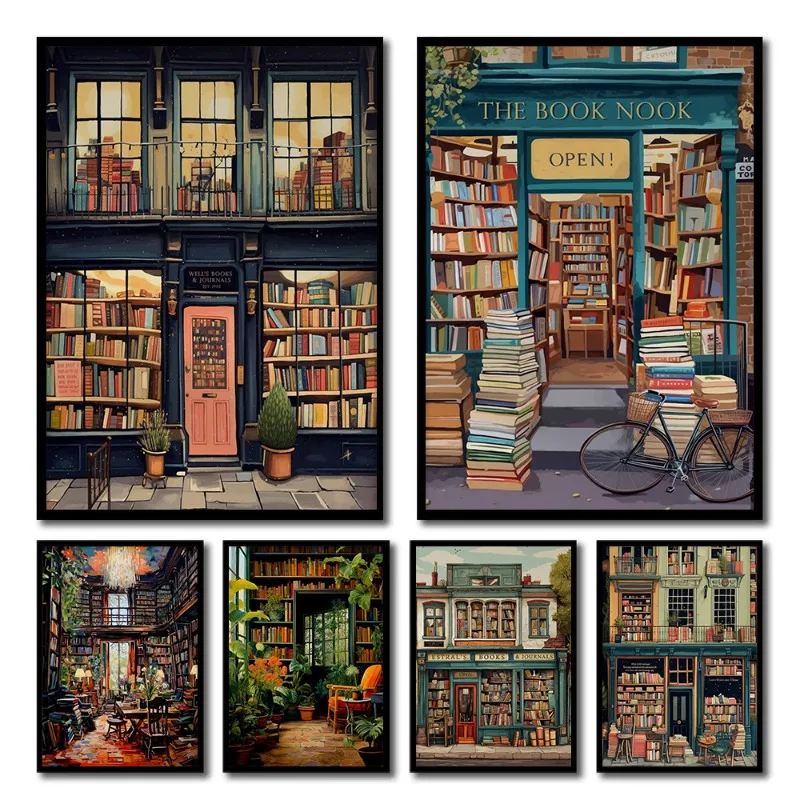 Vintage Book Store Poster Book Shop Print Library Retro Antique Canvas Painting Wall Art Picture Decor Book Lovers Reading Gift