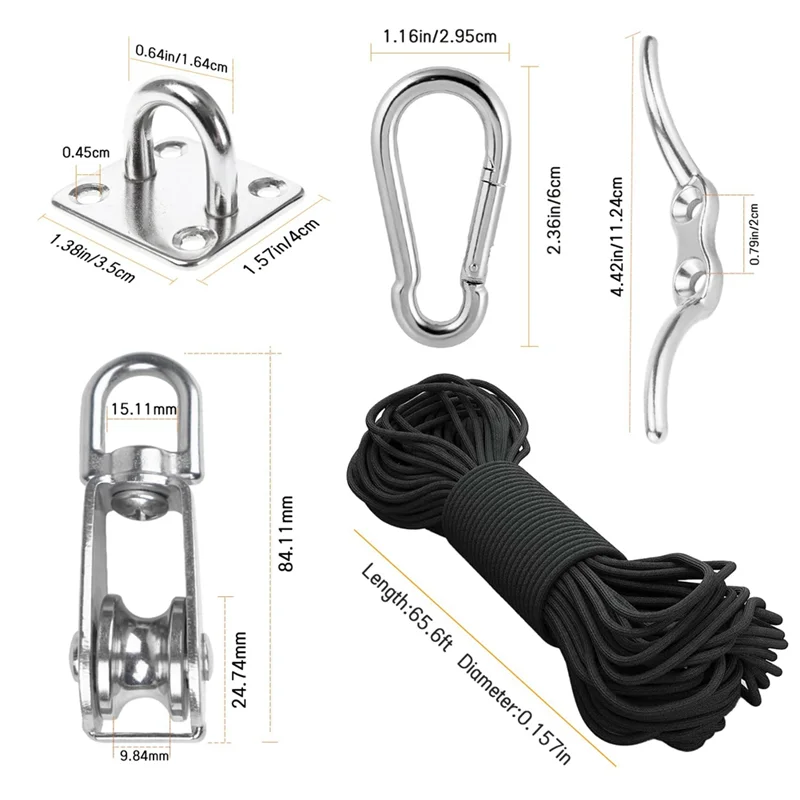 A23E-roestvrijstalen katrolsysteemset-zwaar uitgevoerd katrolwiel, katrolblok met nylon touw 4MM, haken, plaat (2-pack)