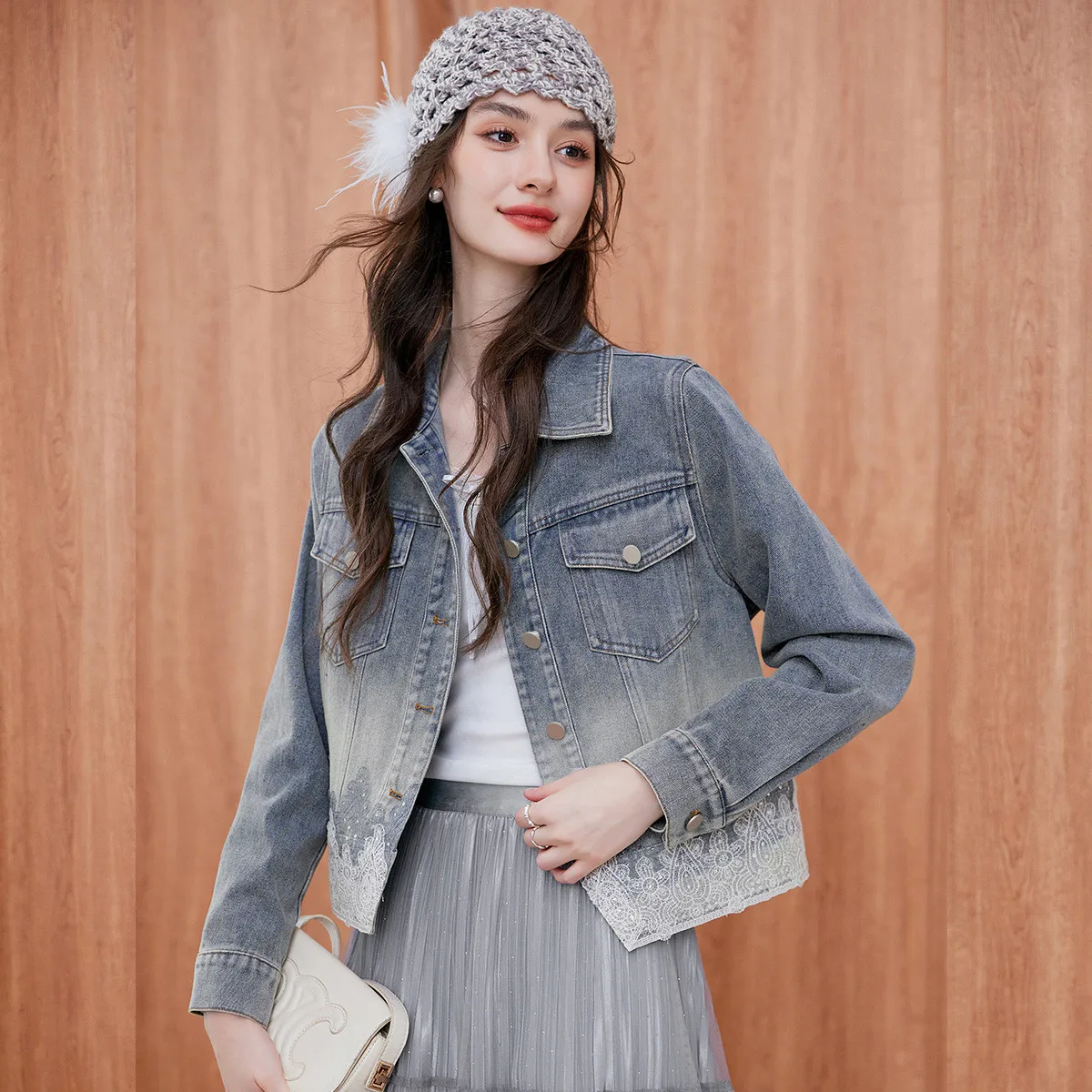 LOUIS YAO Women's Denim Jacket 2025 Autumn Coat Casual Straight-shoulder Sleeves Lace-trimmed Collar Women's Cardigan