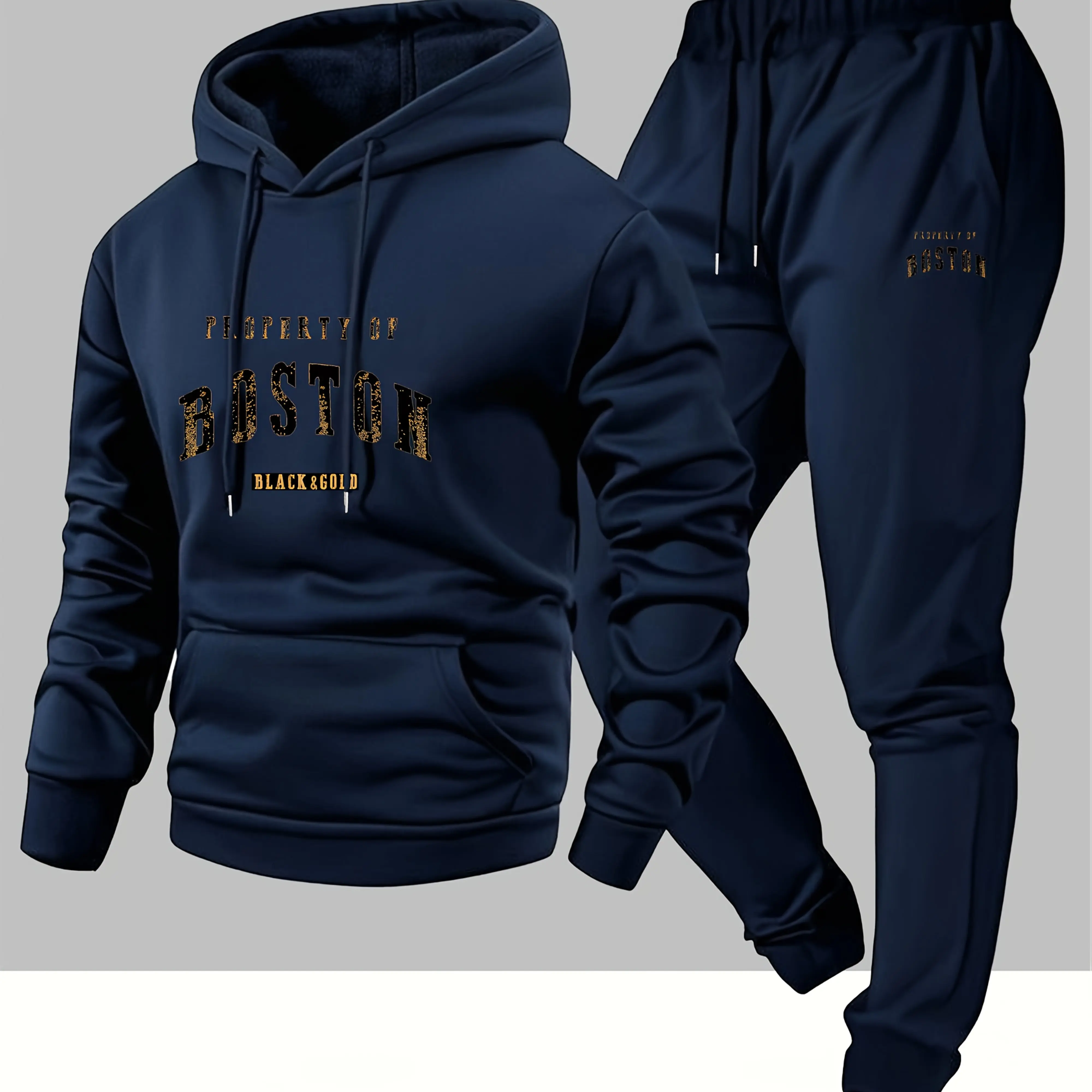 

2026 Men's Boston print hooded sweatshirt and sweatpants soft and comfortable thin velvet warm sweatpants set autumn and winter