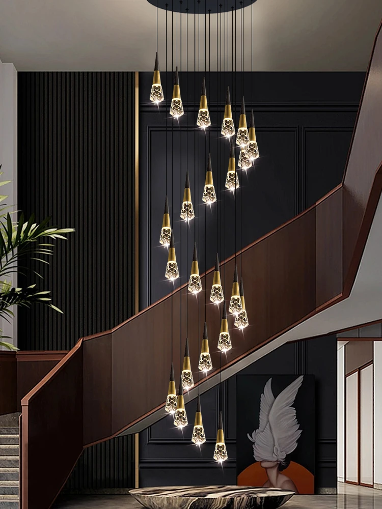 Crystals Staircase Chandelier Black Gold Hang Lamps Hollow Villa Living Room Led Ceiling Light Modern Tapered Tube Pendant Light