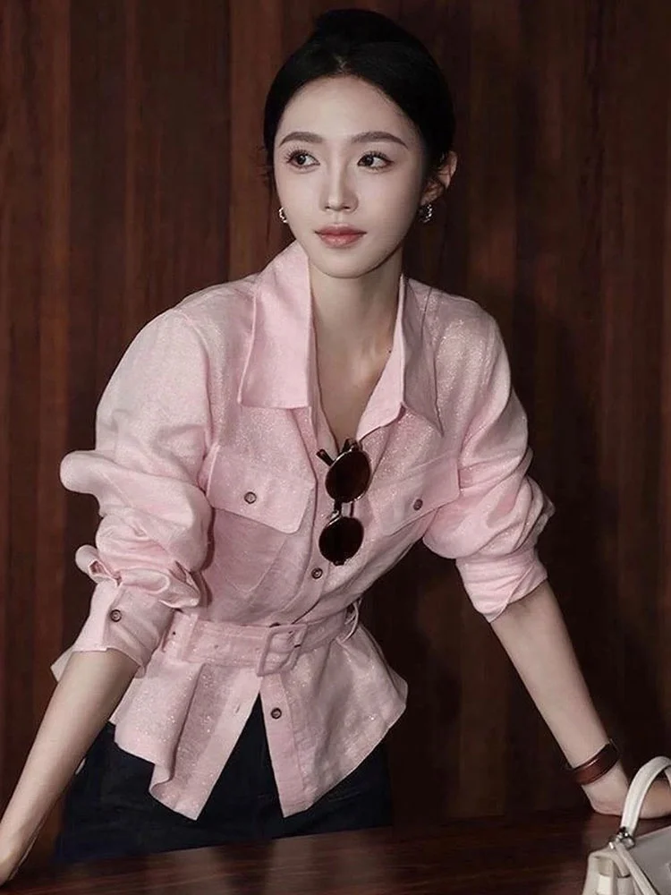 

Ele Pink Long Sve irt Women's Early Spring Outerwear Premium Youthful Faionable French Sle Loose Fit Ne