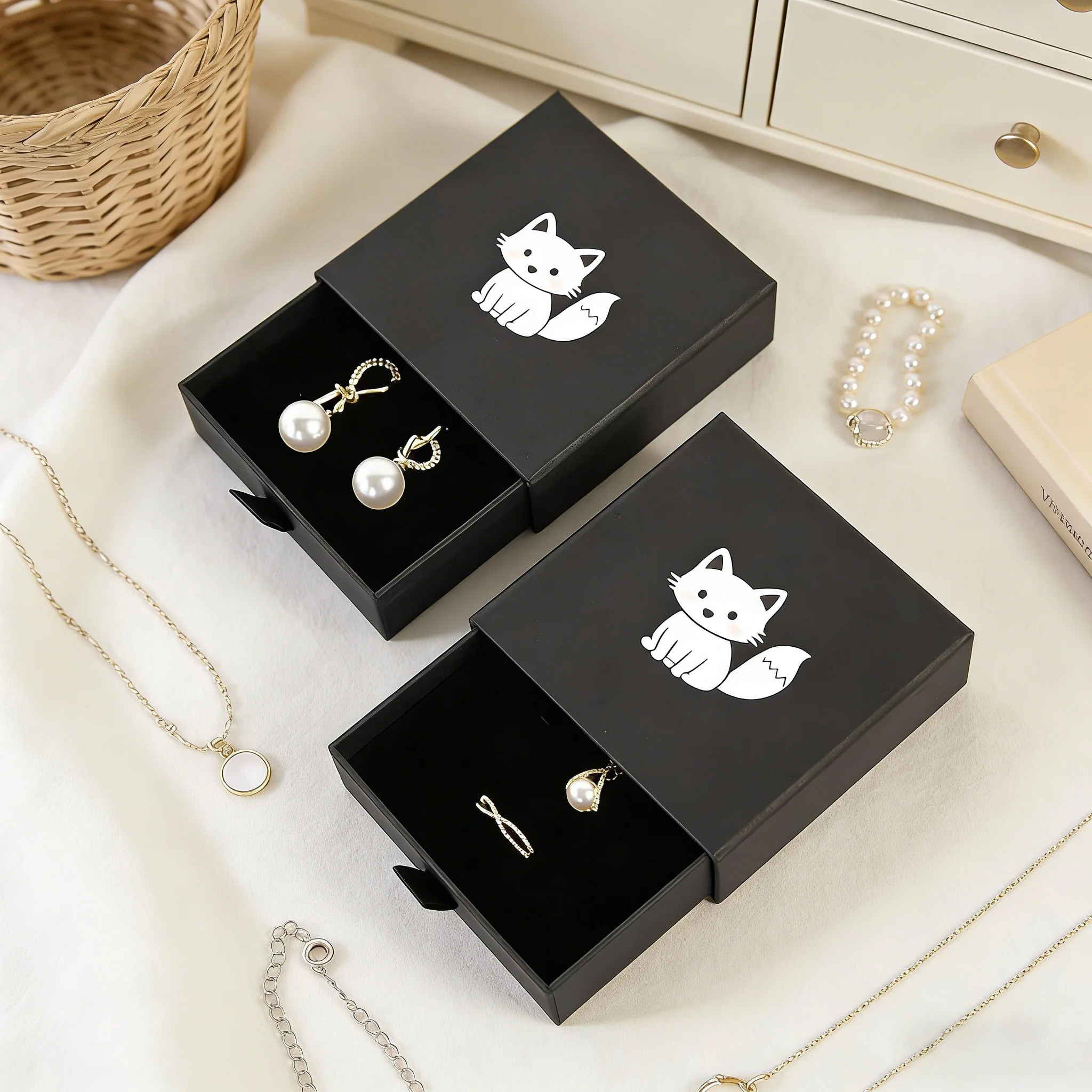 

12pcs Custom Logo Black Kraft Paper Drawer Jewelry Packaging Boxes Travel Bracelets Earrings Rings Storage Gift Present Box Case