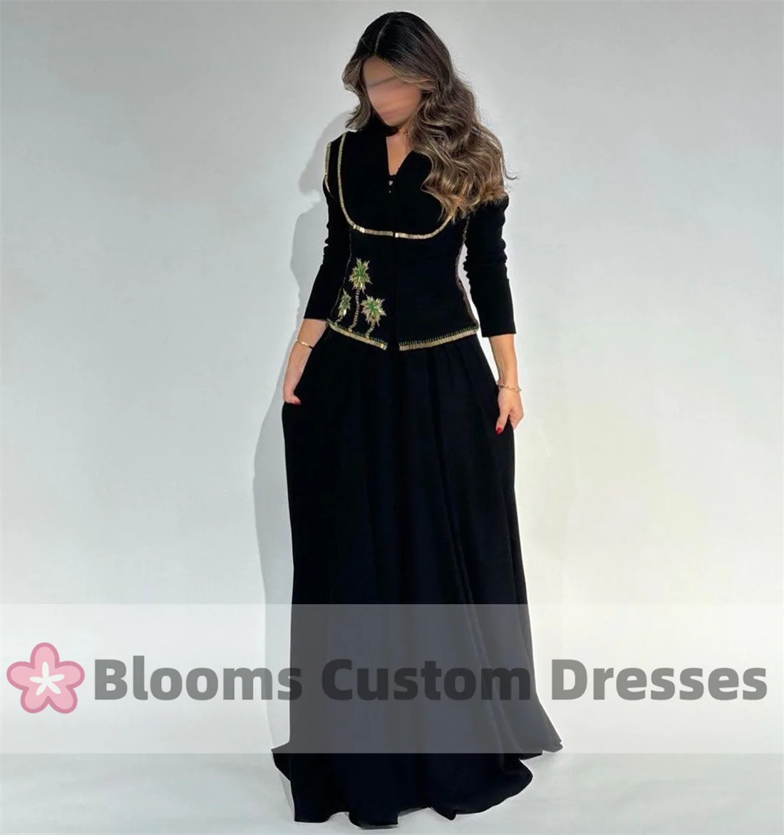 Blooms Customized Coconut Tree Beaded Black Evening Dresses For Special Occasion A-Line Party Gown Long Sleeves Prom Dress