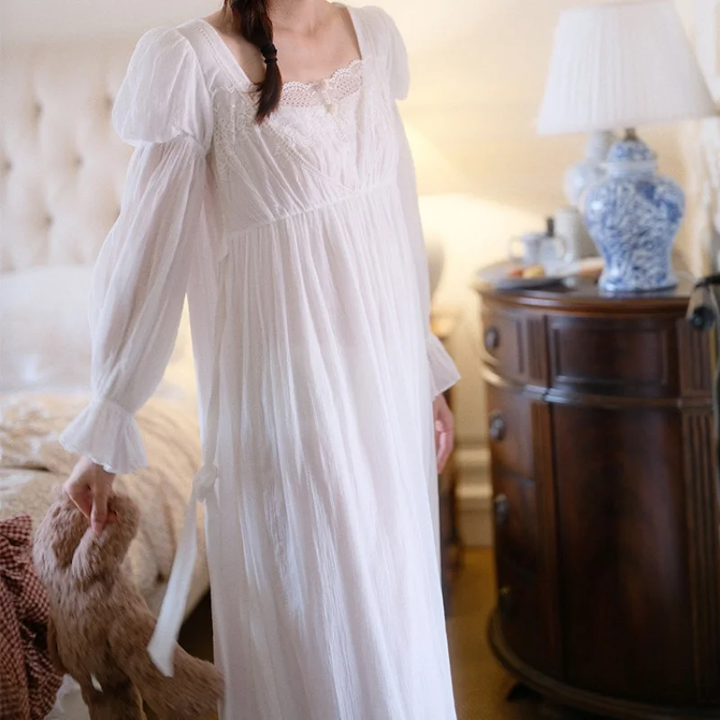Princess White Lace Long Mid-Calf Nightgowns Spring Full Sleeves French Square Collar Nightdress Women 100% Cotton Nightie New