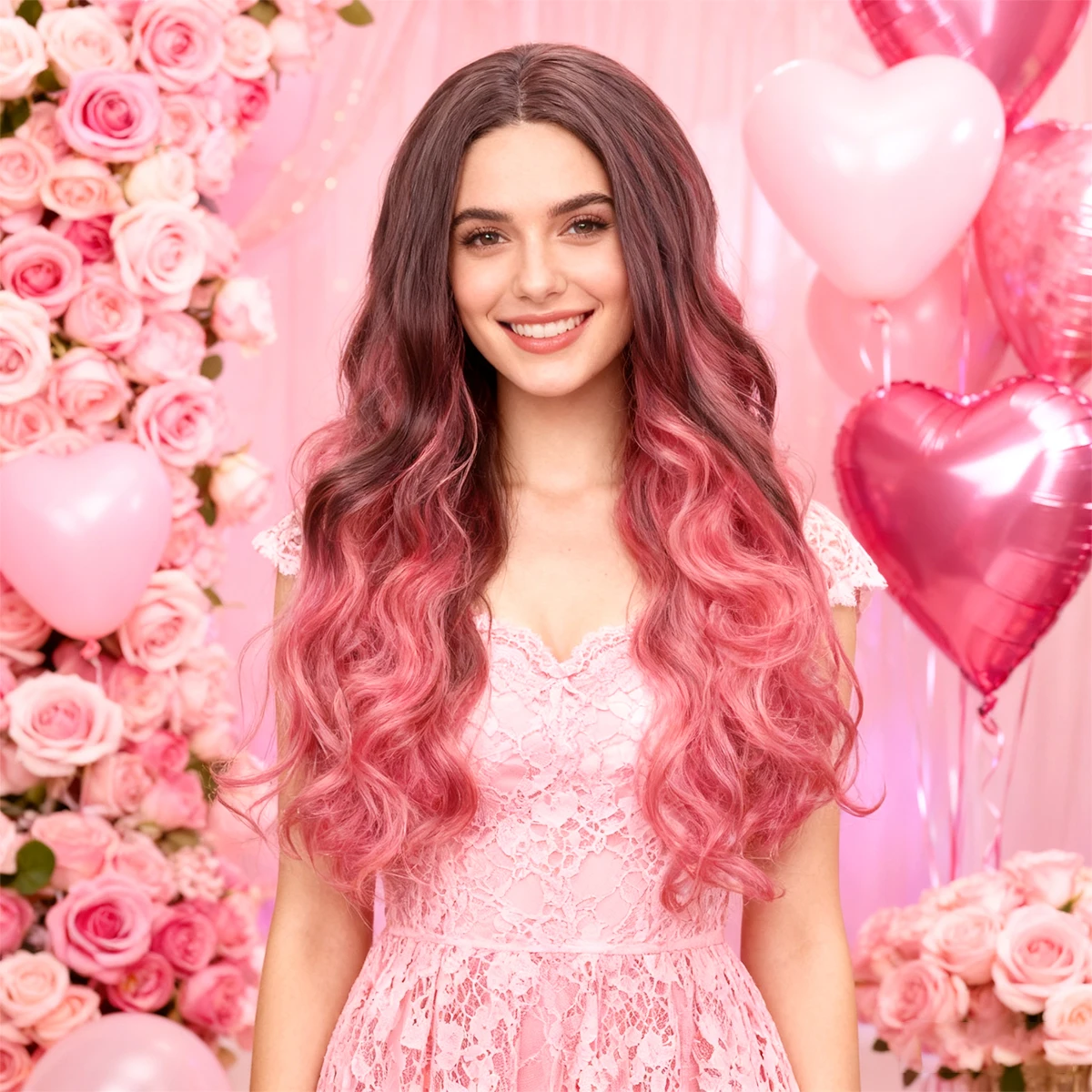 

Ограниченная серия ко Дню святого Валентина, черно-розовый длинный вьющийся синтетический парик с эффектом омбре, романтические кудри в групповом стиле для корейских девушек, для свиданий