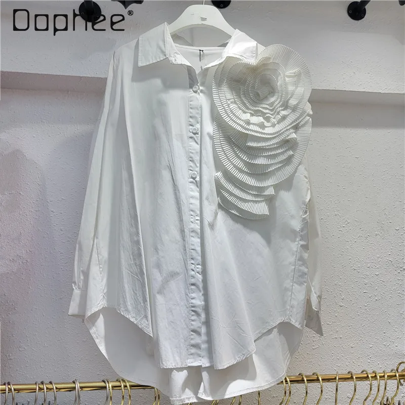 Camisa plisada tridimensional de manga larga con flores grandes, camisas ligeras de lujo con personalidad urbana, blusa informal versátil