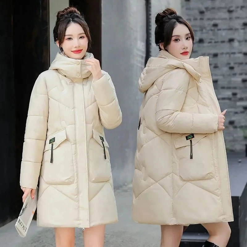 

New Winter Women Jacket New 2023 Mid-length Hooded Cotton Padded Jacket Parka Female Loose Warm Outwear Snow Wear Coats Overcoat