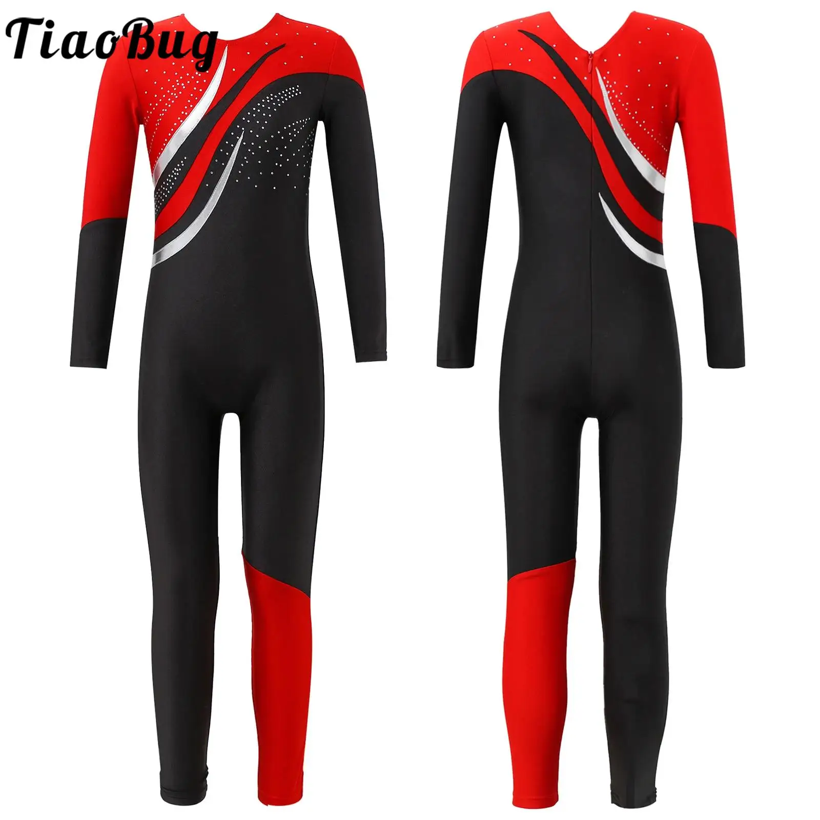 

Kids Girls Jumpsuit Ballet Gymnatics Leotards Costume Lyrical Dancing Figure Skating Rhinestone Long Sleeve Bodysuit Dancewear