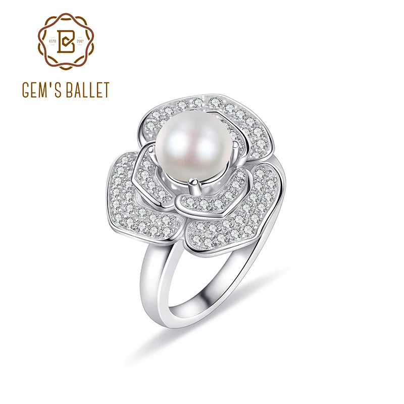

GEM'S BALLET, стерлинговое серебро 925 пробы, роскошное женское кольцо с блестящим жемчугом и цветком, женские украшения, ювелирные изделия с белым пресноводным жемчугом, подарок