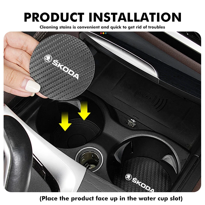 For Skoda 2Pcs Car Carbon Fiber Coaster Anti-Slip Water Cup Drink Mat Kodiaq Octavia 2 3 Rapid Karoq Fabia Kamiq Superb