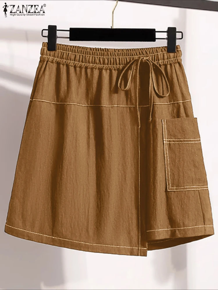 2025 ZANZEA Vintage Women Shorts Skirts Denim Bottoms Fashion Pockets Solid Elastic Waist Pantalons Casual Wide Leg Short Pants