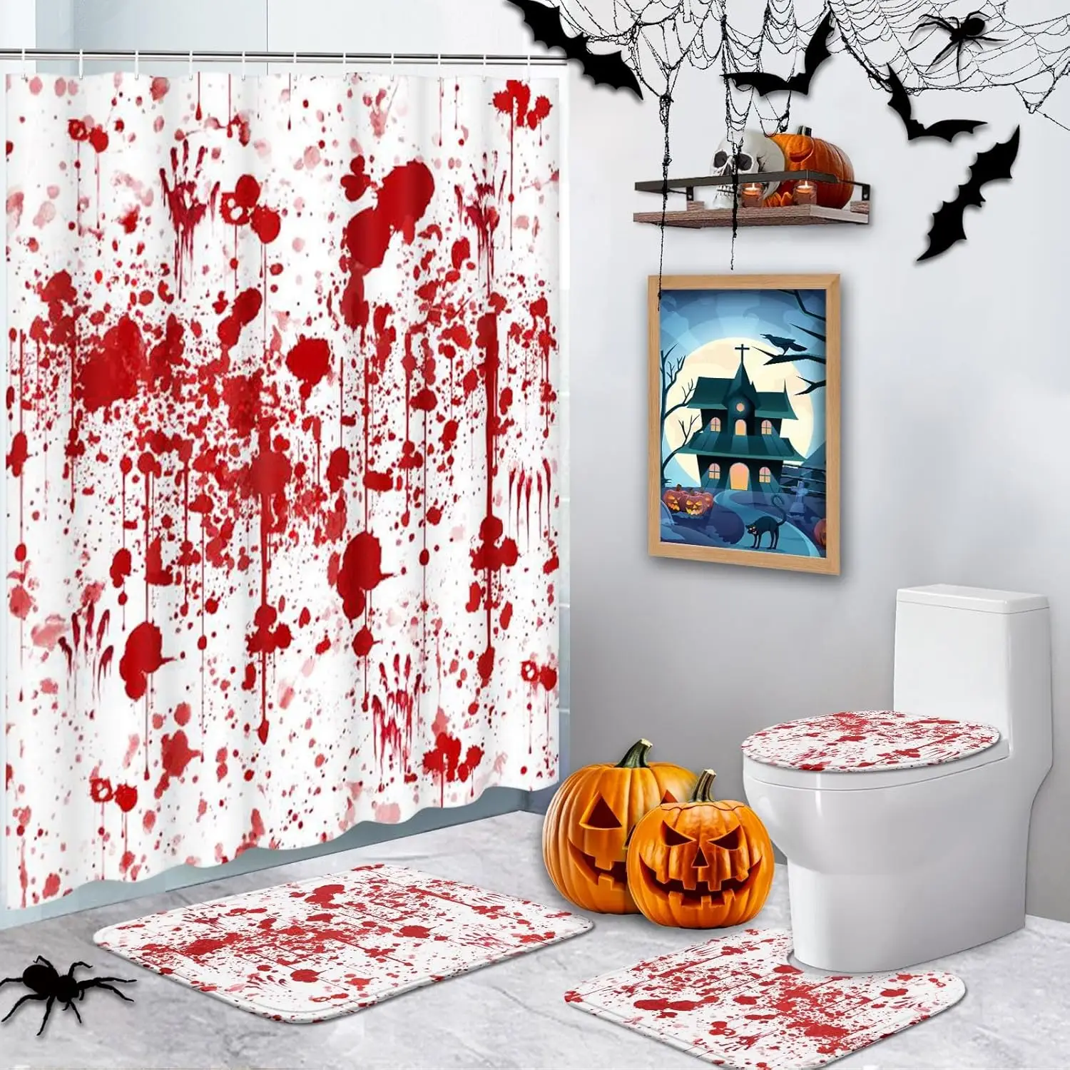 

Наборы штор Hower из 4 предметов, водонепроницаемые наборы для ванной комнаты Red Blood на Хэллоуин с нескользящими ковриками, крышкой для унитаза и ковриком для ванной, 12 крючков