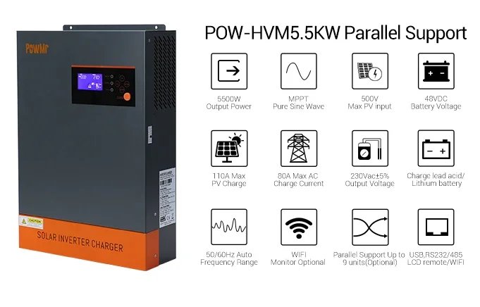 PowMr Three Phase 5.5KW 48V Support Parallel 12 Units Solar Inverter 230Vac MPPT Hybrid Solar Inverter