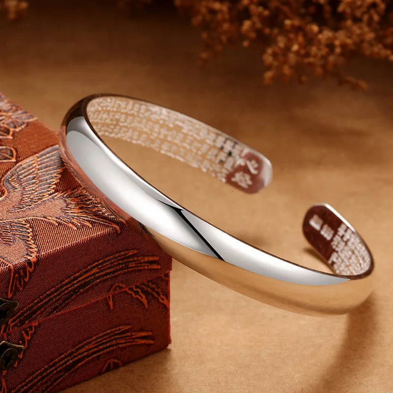 Glossy Heart Sutra Silver Bracelet, Simple and Fashion Glossy Bracelet Open Silver Bracelet Hand Jewelry