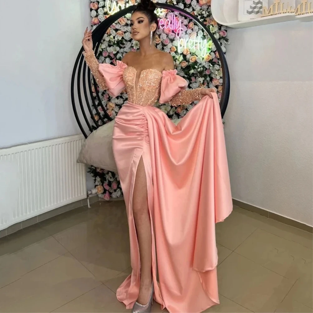 

Simple Evening Dresses Long Sleeve With Sequined Sexy Side Slit Trumpet Ball Gowns Ruched Satin Woman's Formal Bride Party Gala