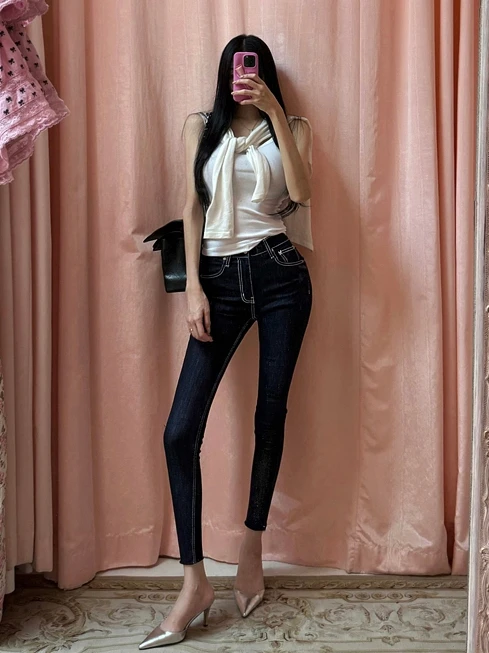 Deep Blue Slimming Women's Jeans High Waist Cotton Stretch Denim Nine Points Pencil Pants Tapered Leg Commute Style Spring Au...