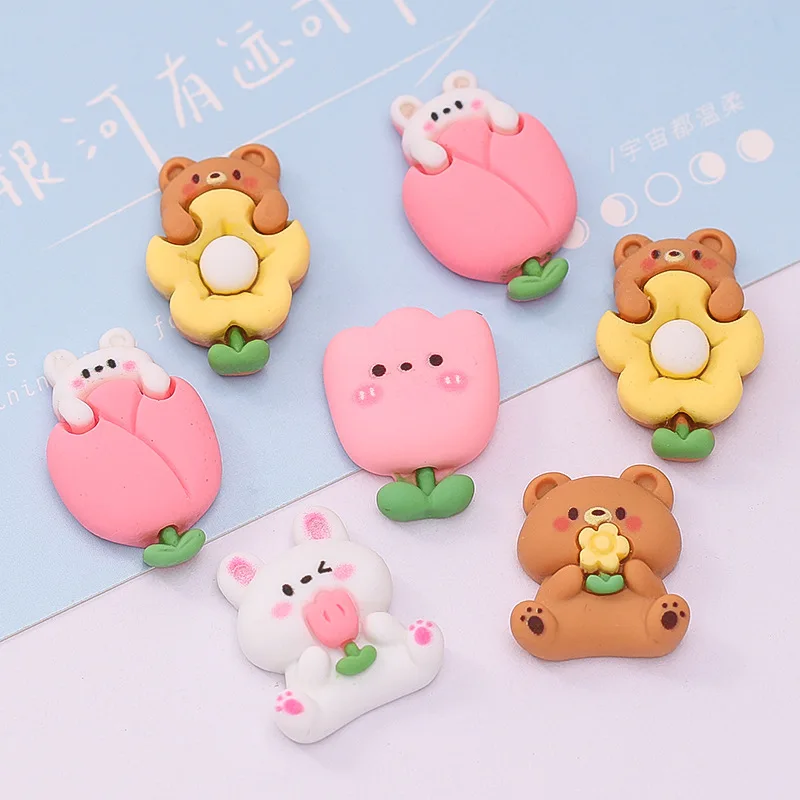 10pcs Big Resin Animal Cabochons Flatback Kawaii Cartoon Bear with Flowers Embellishments for Girls Jewelry Making DIY