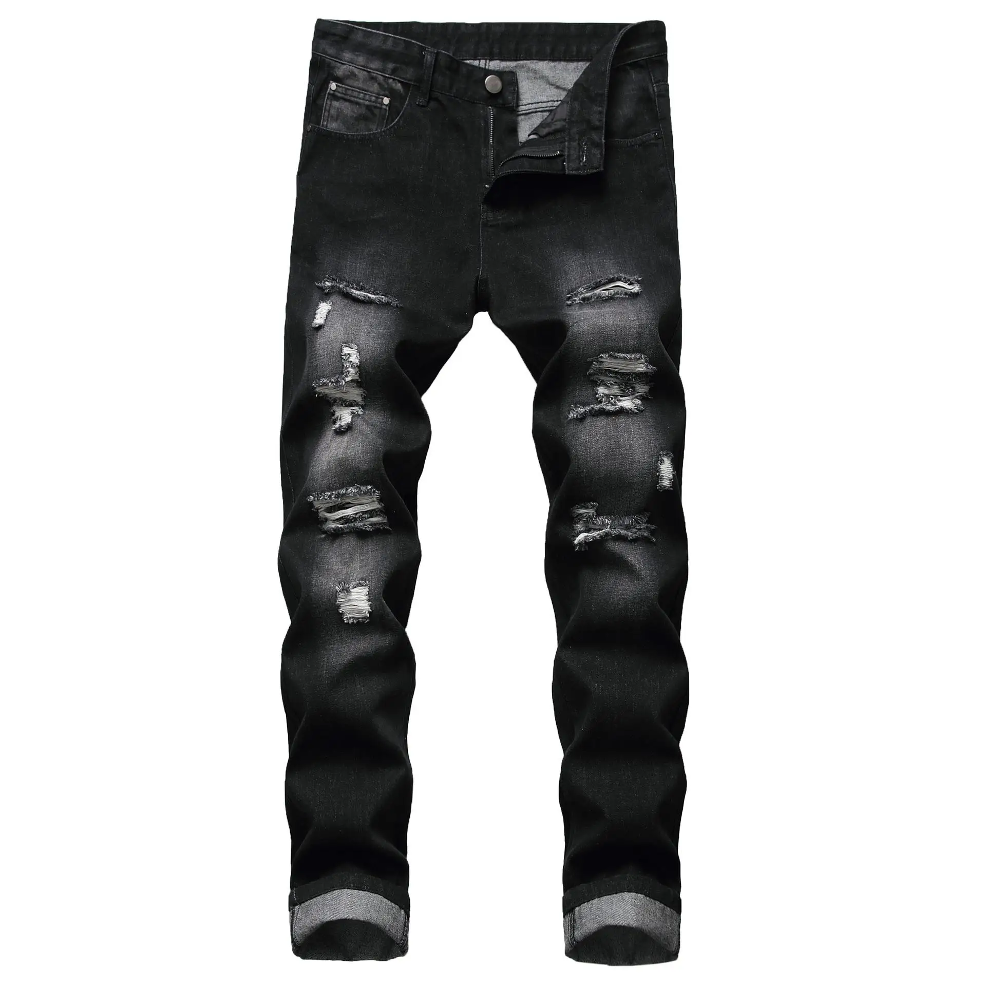 

Men's Ripped Straight Leg Non-Elastic Jeans Tattered Casual mid Waist Zipper Fly Comfortable Fit Water Waed