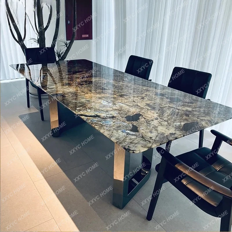 

Обеденный стол из платины и натуральных камней с алмазной огранкой, в стиле легкой роскоши, современный минималистичный дизайн для дома