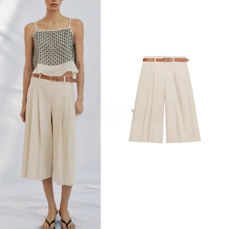 

Summer New High Waist Pleated Decorative Belted Casual Long Shorts Women's Fashion Commute Style Polyester Fiber Wide Leg Pants