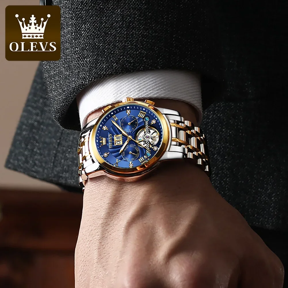 OLEVS Luxury Automatic Watches for Men Mechanical Skeleton Luminous Stainless Steel Men\'s Watch Replica Watches Male Wrist Watch