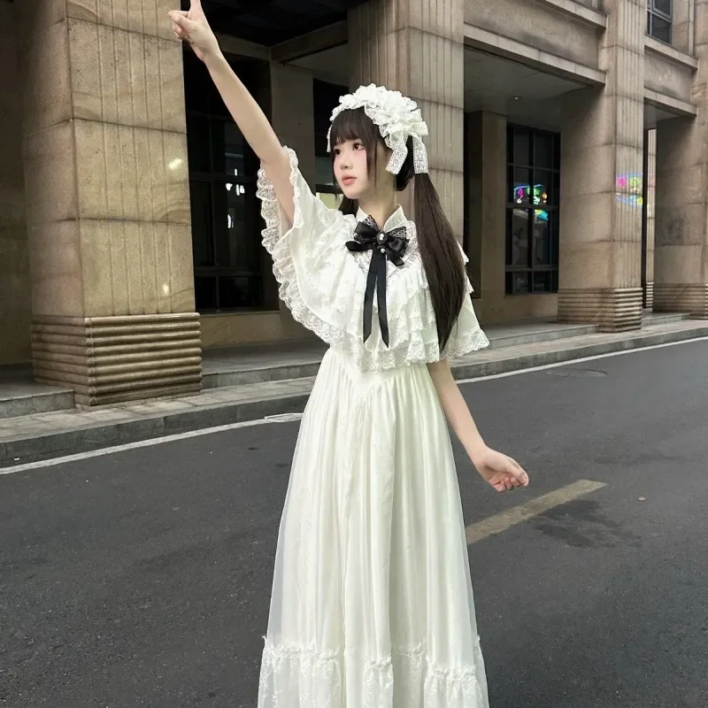 Japanese Style Sweet White Lace Dresses Women Double Layered Bow Female Dress Slim Waist Short Sleeve Vintage Dress